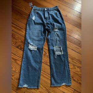 Cider Women's Flared Wide-Leg Distressed Jeans in Blue